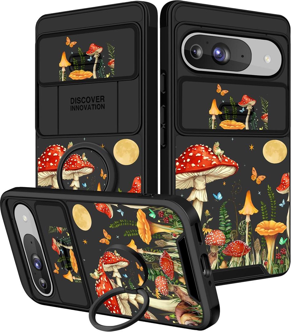 for Pixel 9 Pro/Pixel 9 Case - Women Girls Cute Phone Cover Girly Pretty Aesthetic Mushroom Unique Design with Camera Cover and Ring Stand Funda for Pixel 9 Pro/Pixel 9