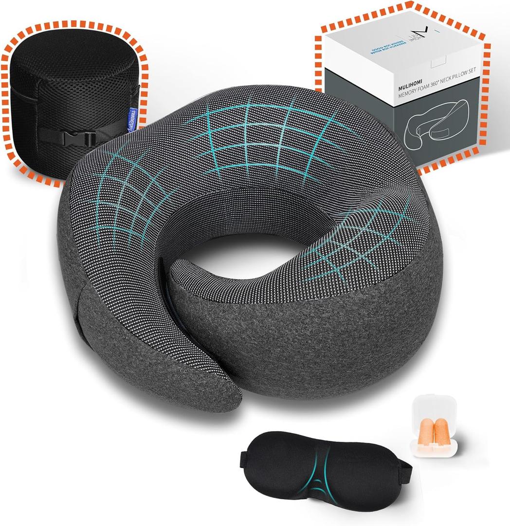 New Packaging Updated Travel Pillow for Airplane with 100% Memory Foam, 360 Adjustable Full Surrounding Flying Neck Pillows, Travel Pillow Set with 3D Eye Masks, Earplugs (Black)