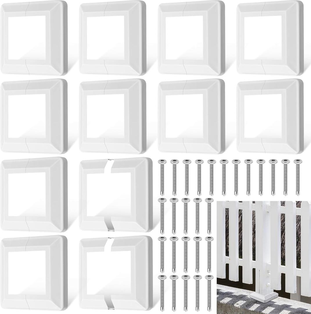Tandefio 12 Pcs 3.5" x 3.5" Post Sleeve Base Cover Post Skirt Metal White Porch Column Wrap for Wood Hand and Stair Rails Wood Fence Deck Cable Railing Baluster (Internal Size 3.5" x 3.5")