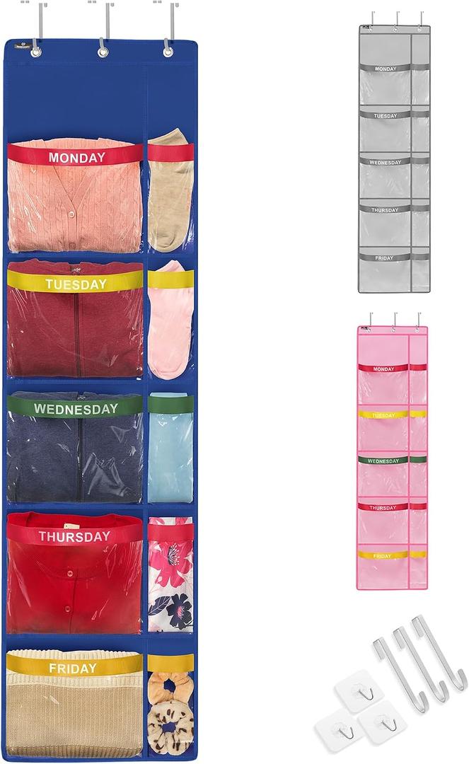 Handy Laundry Weekly Clothes Organizer for Kids 5-Shelf Hanging Closet Storage with Day of the Week Labels, Over the Door or Wall Mount, Large Capacity, Encourages Routine, Blue