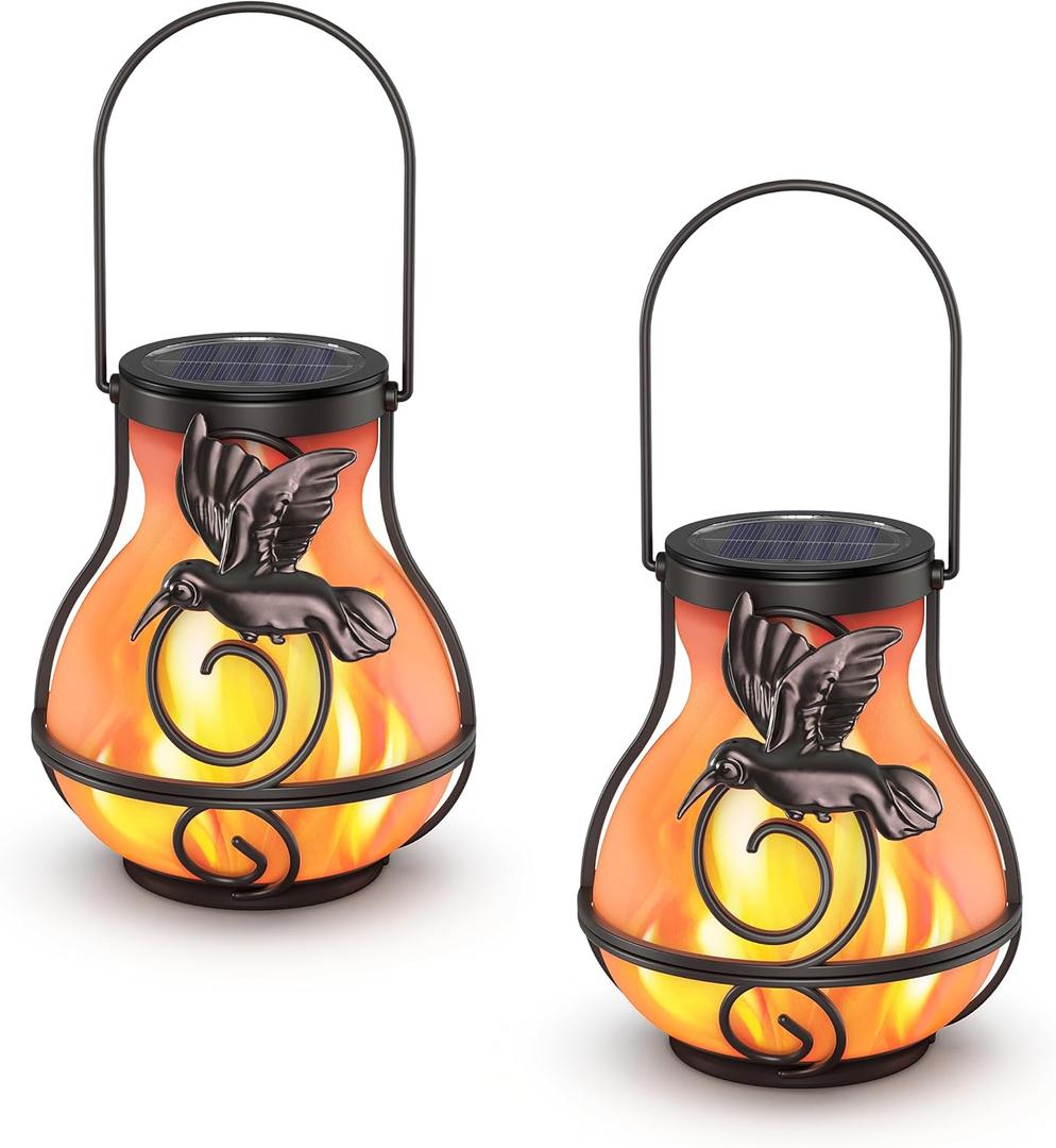 2 Pack Solar Lanterns Outdoor Waterproof, Hanging Hummingbird Flickering Flame Light Garden Decor Hanging Lights Decorative for Outside Patio Pathway Yard Christmas Birthday Gifts
