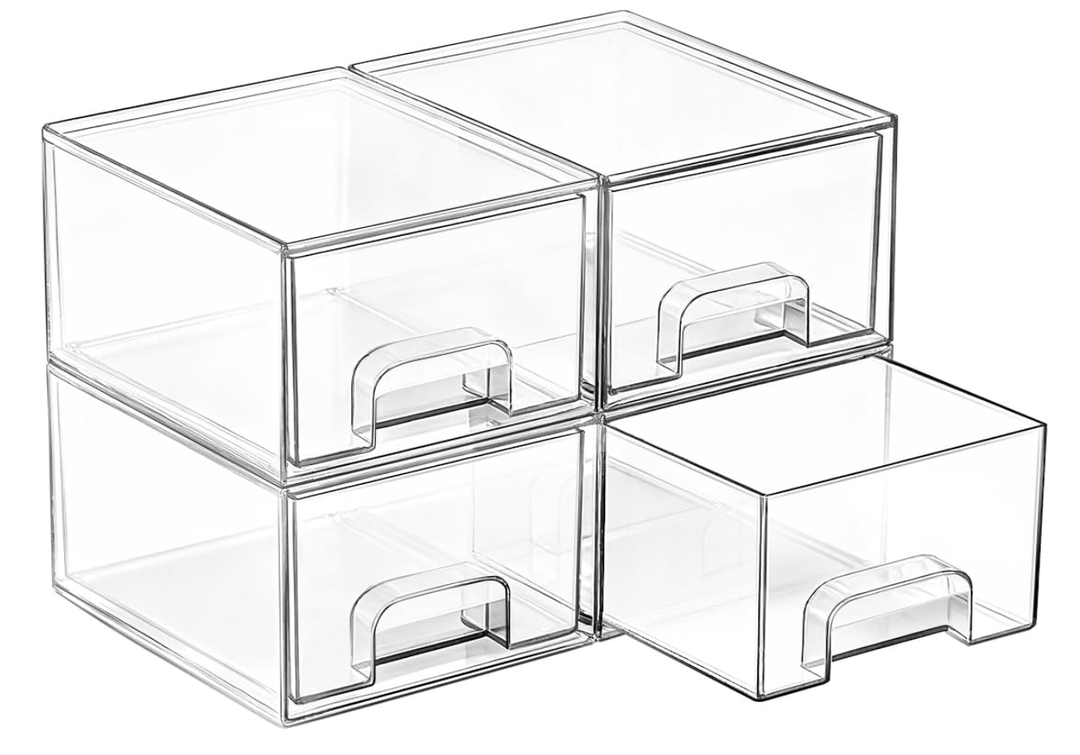 Large Stackable Acrylic Drawers - 4 Clear Storage Drawers for Organizing Make up, Nail Polish, Hair Accessories, and Beauty Supplies - Makeup Organizer for Vanity, Bathroom Organizer Countertop