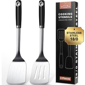 Stainless Steel Spatula Set, 2 Piece Heavy Duty Turner/Metal Spatula, High Heat Resistant Kitchen Cooking Utensils, Ideal Cookware for Frying Steak, Fish, Eggs or Pancakes