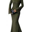 Narecte Fall Dresses for Women Maxi Dresses Solid Color Boho Formal Dress Flare Sleeve Bodycon Dress (Dark Green, M)