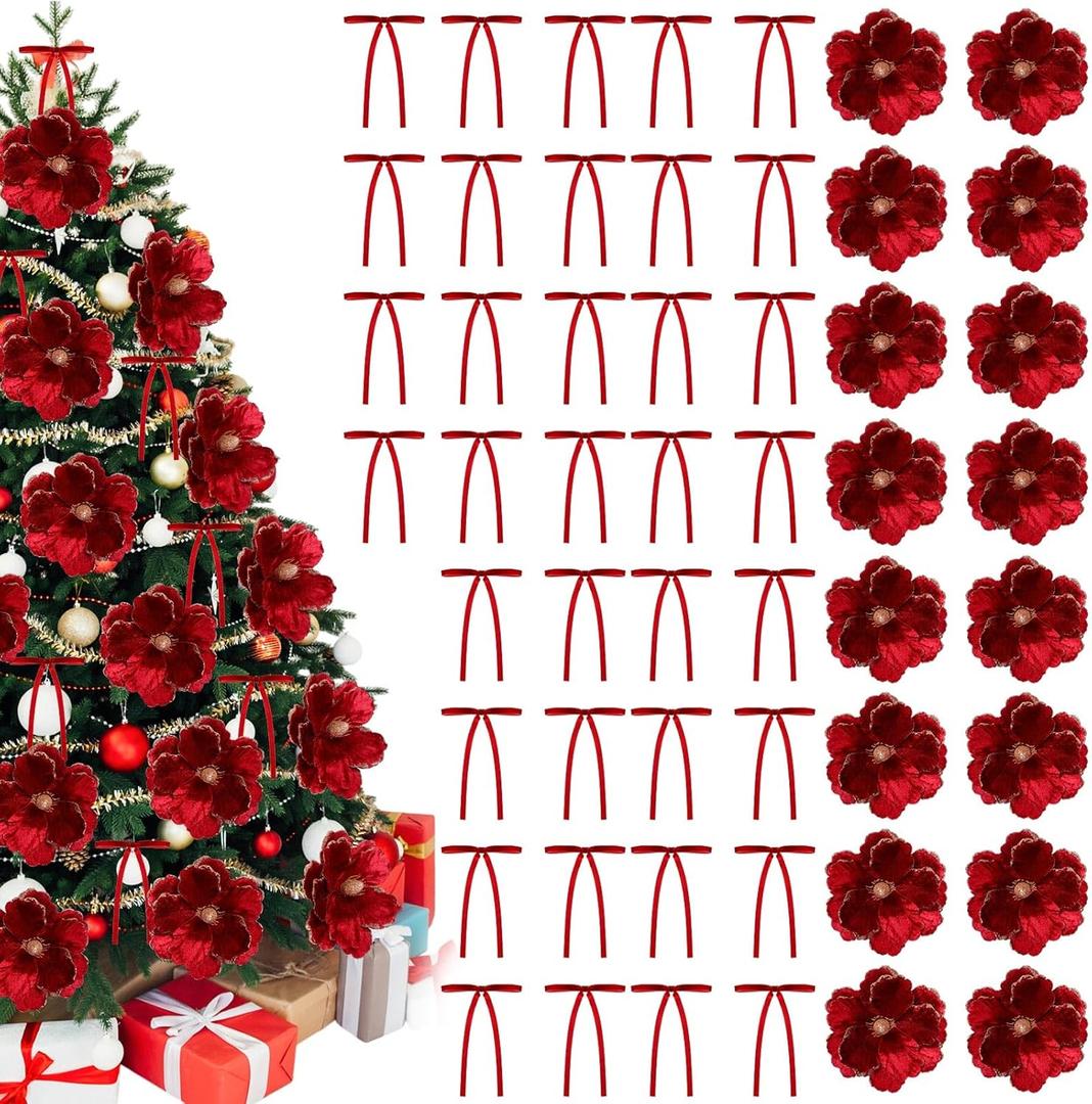 52 Pcs Large Christmas Magnolia Flowers and Velvet Bows for Christmas Tree Ornaments 10 Inch Artificial Glitter Poinsettia Floral Picks Stems for Xmas Tree Wreath Fireplace Garland(Red)
