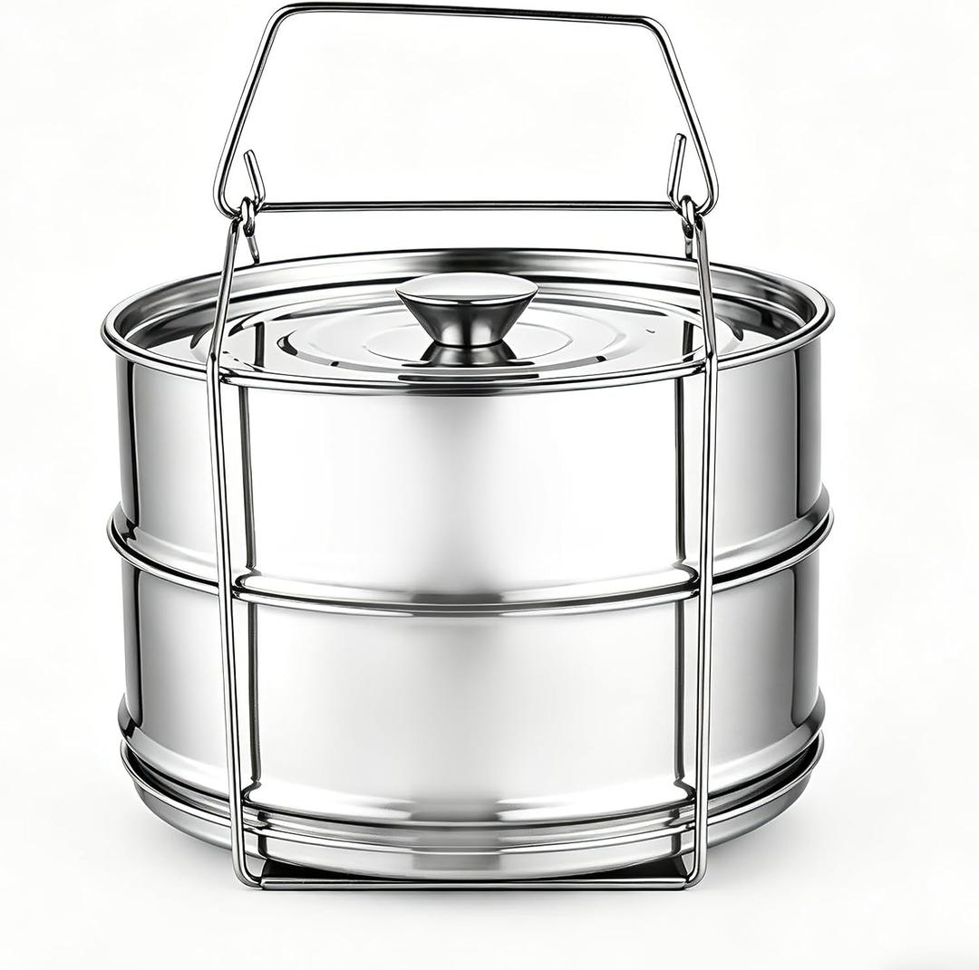 Stackable Stainless Steel Pot Inserts, 6QT 2-Tier Steamer Set with Handles for Instant Pot & Pressure Cookers, Multi-Use Cookware for Pot-in-Pot Cooking, Steaming, Serving