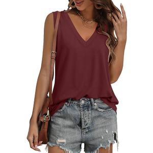 KKJ 2 Pack Womens Tank Tops Summer Beach Vacation Outfits V Neck Loose Sleeveless Blouses Casual Shirt Spring Fashion Clothes (Small, White/Wine)