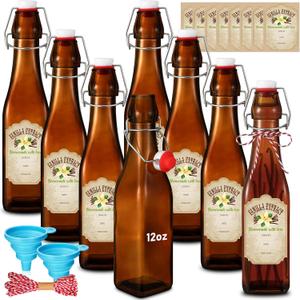 Tioncy 8 Pcs 12 oz Amber Swing Top Glass Bottles for Vanilla Extract Homemade Flip Top Glass Bottles with Lid and Label 2 Funnels for Syrup Beer Brewing Fermentation Kombucha Vinegar Kefir