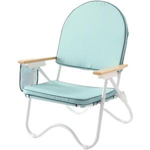 Padded Low Beach Chair, 4-Position Folding Outdoor Chair with Wooden Armrests, Cushioned Seat, Storage Pouch & Carry Strap for Beach, Patio and Lawn, Harbour Cypress Green