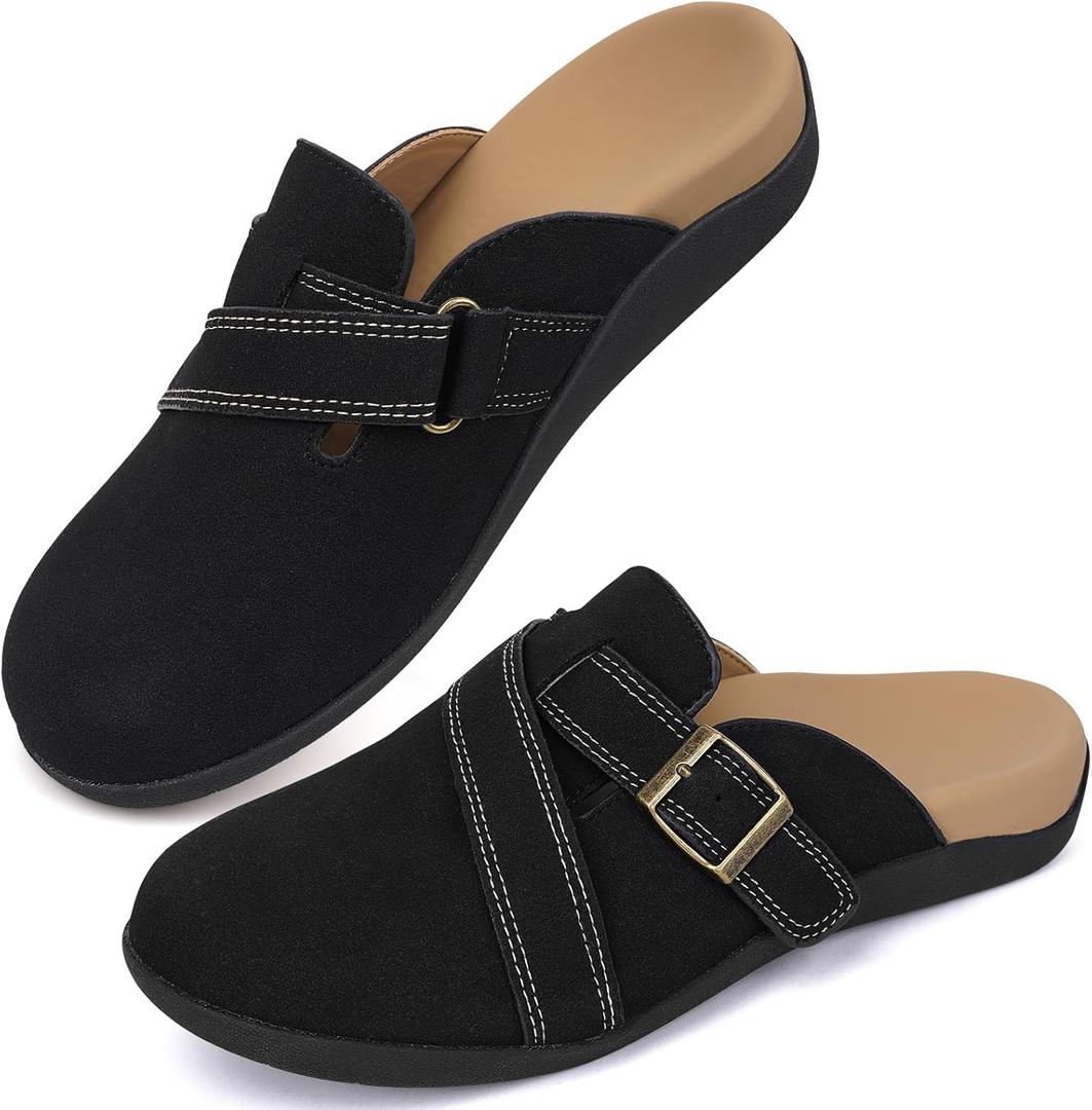 V.Step Women Orthopedic Clog Slippers with Arch Support, Suede Clogs Leather Mules, Orthotic Slippers Potato Shoes for Plantar Fasciitis, Slip on Adjustable Indoor Outdoor Sandals Foot Pain Relief (10 Wide Women/9 Men, Black)