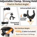 AGVEE Hands Free Hair Dryer Holder Wall Mount, Permanent No Drill Blow Dryer Stand with Strong Clamp, Adjustable Lazy Hair Dryer Bracket with Aluminum Cord Organizer, Silver