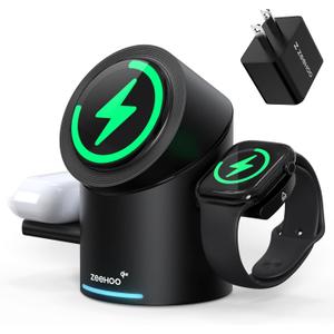 ZEEHOO 3 in 1 Charging Station for Apple Devices, Mag-Safe Charger Stand, Qi2 15W Auto-Rotating Wireless Charger for iPhone 16/15/14/13/12 Series& AirPods& iWatch(Black)