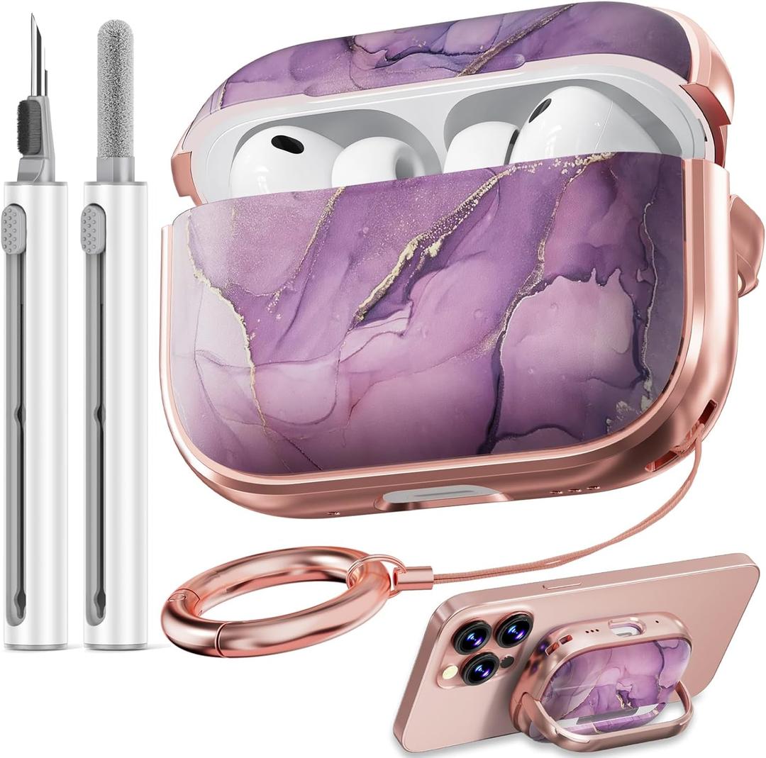 Inesore for AirPods Pro 3 Case 2025 with Lock, for Women Girly Floral Cute Case Compatible with Apple Airpods Pro 3rd Generation Cover, with Phone Stand,Keychain & Cleaner Kit-Purple Gold Marble