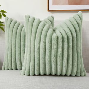 decorUhome Faux Fur Christmas Throw Pillow Covers 18x18 Set of 2, Decorative Soft Plush Striped Neutral Couch Euro Pillow Covers with Velvet Back for Sofa, Bed, Living Room Home Decor, Sage Green