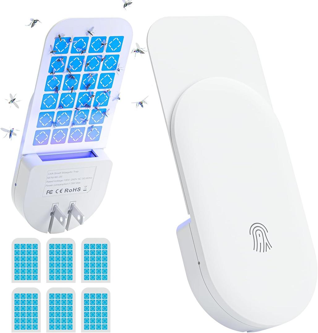 TIENBE Flying Insect Trap, 2 in 1 Indoor Plug-in Fruit Fly Trap, 1 Trap White and 6 Glue Cards, Fruit Fly Traps for Gnat, Moth, Mosquito, Suitable for Every Part of The Home