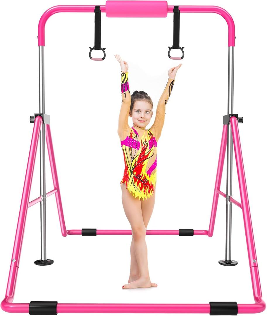 Safly Fun Gymnastics Bar for Kids 3-9, Foldable & Adjustable 35"-51", Supports 140Lbs with Pad, Easy to Assemble, Gymnastics Equipment for Indoor/Outdoor Training (Pink)