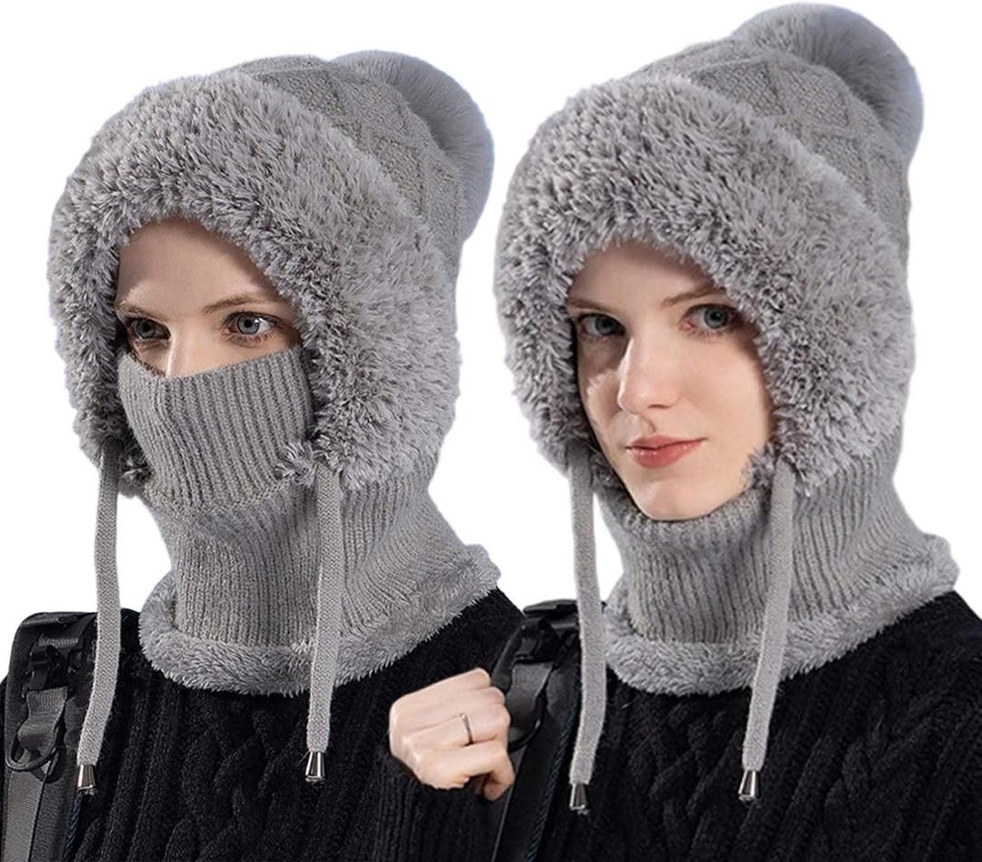 3 in 1 Beanie Hat for Women, 2026 New Winter Balaclava Fall Winter Warm Knitted Hat Knitted Ski Scarf Mask (Gray)