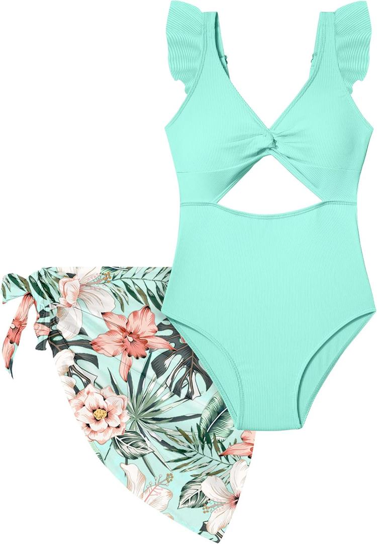 Girls One Piece Swimsuit Cut Out Ruffle Bathing Suit Twist V Neck Swimwear Solid Color with Cover Up Skirt 9-16T