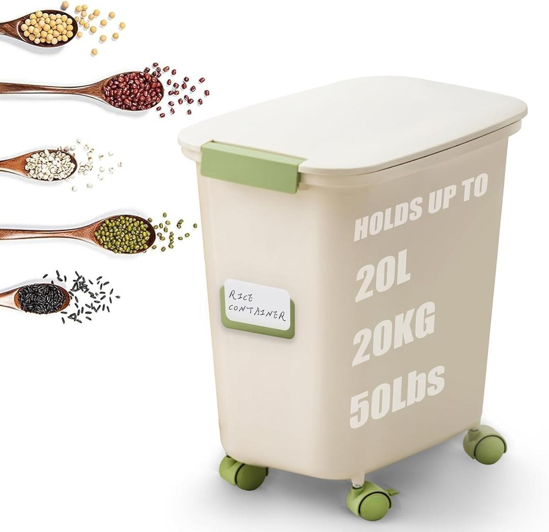 Large Rice Storage Container 30-40 lbs, Airtight Dry Food Storage Bin with Lids, Great for Pet/Cat/Dog Food Storage Dispenser 25 lbs, Detachable wheels, Easy Mobility, BPA Free, Green