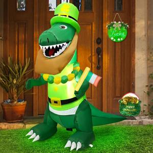 TURNMEON 4FT Dinosaur St. Patrick's Day Inflatables Decorations Outdoor Blow Up Dinosaur Hold Irish Flag Wear Necklace Shamrocks Hat LED Lights St Patricks Day Decor Indoor Home Yard Garden Lawn Party