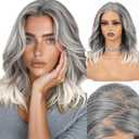 HAIRCUBE 13x6 HD Lace Front Wig for Women, 16-Inch Heat Resistant Synthetic Wavy Hair, Shoulder Length Glueless Lace Wigs for Daily, Party&Date (Gray)