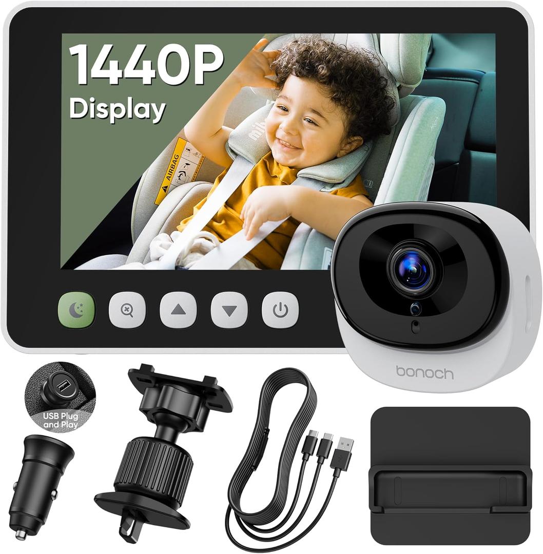 bonoch 5" 1440P Baby Car Camera, Clearest Monitor with 360 Rotating Wide View, Backseat Rear Facing Mirror for Baby, USB Powered with Charger, Easy Setup, Night Vision, Plug & Play Safe Driving