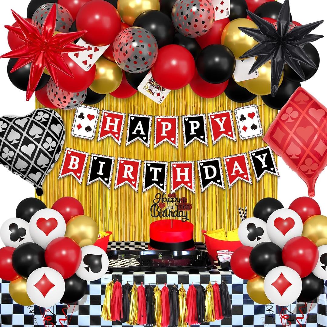 Ouddy Life 103Pcs Casino Theme Party Decorations, Red and Black Happy Birthday Banner Star Heart Poker Foil Balloons Fringe Curtain Paper Tassel Cake Topper for Las Vegas Game Night Party Decorations