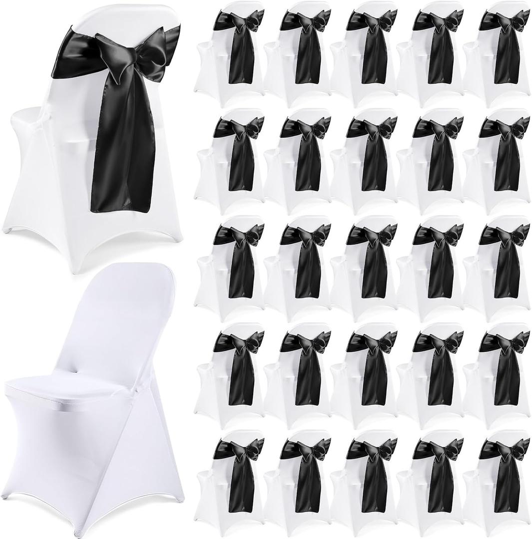 Lounsweer 50 Pcs Folding Chair Cover Set with 25 Stretch Spandex Slipcovers 25 Satin Chair Sashes Bows Ribbon Washable Banquet Protector for Wedding Event Party(White, Black)