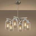 6-Light Modern Farmhouse Brushed Nickel Chandelier, Dining Room Light Fixture Over Table Adjustable Height Hanging Industrial Pendant Lights Kitchen Island, Clear Glass Shade