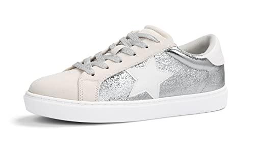 PARTY Women's Fashion Sneaker Lace Up Low Top Comfortable Cushioned Walking Shoes, Podcast, Silver Met, 8.5