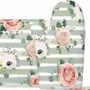 Mxocom Anemone Rose Flower Heat-Resistant Oven Mitts and Pot Holder Silver Eucalyptus Leaves Berry Stripped Kitchen Non-Slip Cooking Microwave Gloves for Cooking Baking Grilling