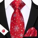 Barry.Wang Christmas Ties for Men Xmas Holiday Neckties Pocket Square Cufflinks Set Party Vacation (Red Snowflake)