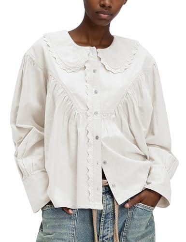 Ymejia Womens Peter Pan Collar Shirt Cotton Button Down Blouses Lace Trim Loose Fit Spring Casual Work Beach Long Sleeve Shirts White M