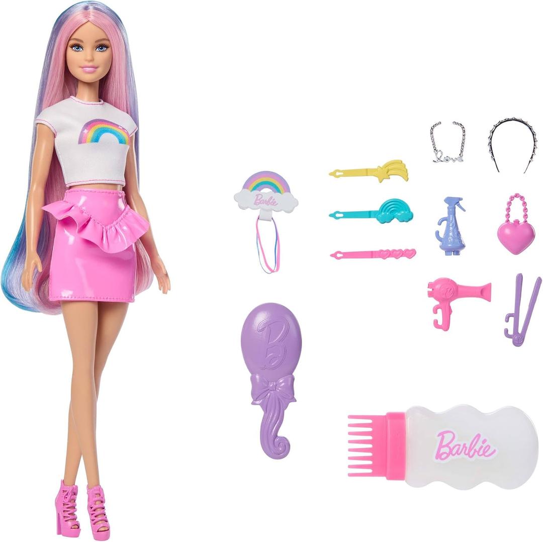 Barbie Rainbow Sparkle Hair Doll, Extra-Long and Colorful Hair with 12 Styling Accessories Like Glitter Tube, Brush, Clips, Dryer and More