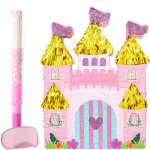 WERNNSAI Princess Castle Piata - Princess Birthday Party Decorations Pink Princess Piata with Blindfold and Bat for Birthday Girls Family Game Princess Theme Birthday Party Supplies 16.4 x 12.4