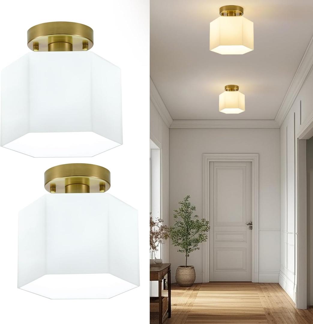 Milk Glass Semi Flush Mount Ceiling Light, Modern Gold Light Fixture, Mid-Century Hexagonal Close to Ceiling Lamp, Small Chandelier for Hallway Entryway Foyer Closet Bedroom, 2 Pack