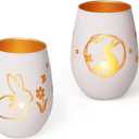 Easter Candle Holder, Frosted Egg-Shaped White Glass Tealight Votive Candle Holder with Bunny & Flower Design, Aesthetic Easter Decorations for Table, Spring Table Centerpiece, Easter Gift