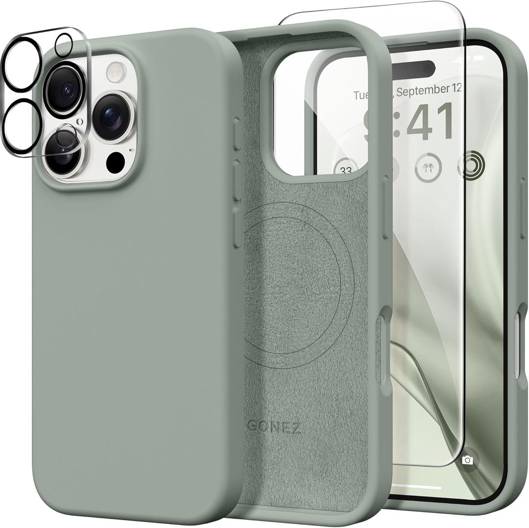 GONEZ Magnetic for iPhone 16 Pro Max Case, Compatible with MagSafe, Liquid Silicone Case, with Screen Protector + Camera Protector, Full Body Protective Shockproof Phone Cover 6.9", Calke Green