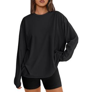 Trendy Queen Womens Spring Tops Oversized Long Sleeve T Shirts 2026 Basic Tee Fall Casual Workout Y2K Clothes (Black, L)
