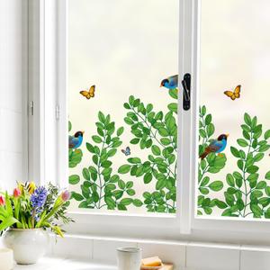 MSUP Window Film Privacy Static Cling Frosted Window Film for Glass Window Anti-UV Window Film Removable No-Glue Film Birds and Flowers Film for Kitchen, Bathroom, Office 35.4" x 78.7" Green
