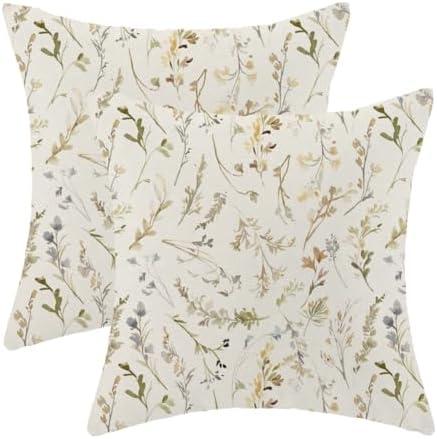 Wildflowers Bloom Brown Floral Pillow Covers 18 x 18 Inch Set of 2 Spring Summer Flowers Throw Pillows Outdoor Decorative Grasses Pillowcase Linen Cushion Cases for Bed Sofa Couch