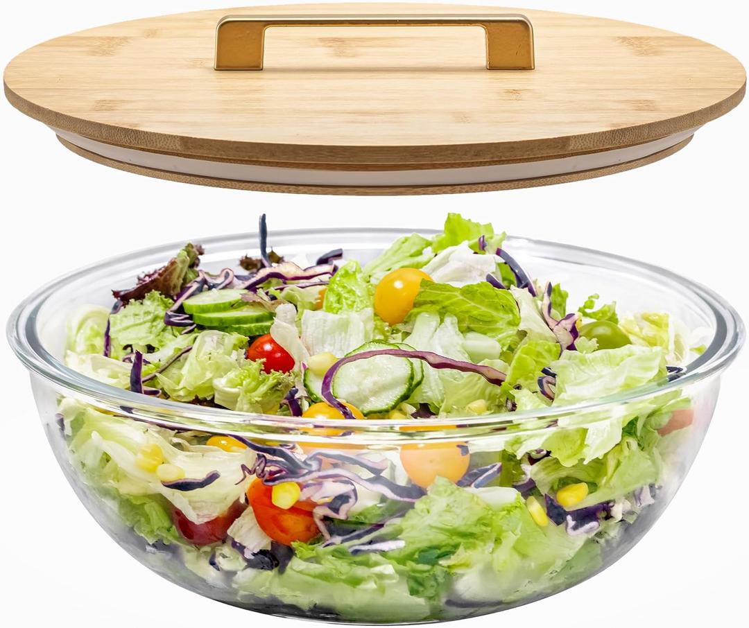 6.5Qt Extra Large Glass Mixing Bowl with Lid, Clear Large Salad Bowls with Airtight Bamboo Lid & Handle,Thickened Glass Big Mixing Bowls Cooking Bowl for Food Prep, Kitchen,Dinner, Borosilicate Glass