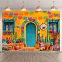 ZTHMOE Fabric 7x5ft Mexican Fiesta Photography Backdrop Cinco de Mayo Yellow Cabin House Cactus Flowers Guitar Background Carnival Festival Outdoor Party Decorations Photo Props