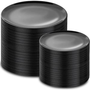 PULOTE 200PCS Black Plastic Plates - Heavy Duty Black Disposable Include 100 Each (10 inch Dinner & 7 inch Dessert) Plates, Disposable for Party, Birthday & Graduation