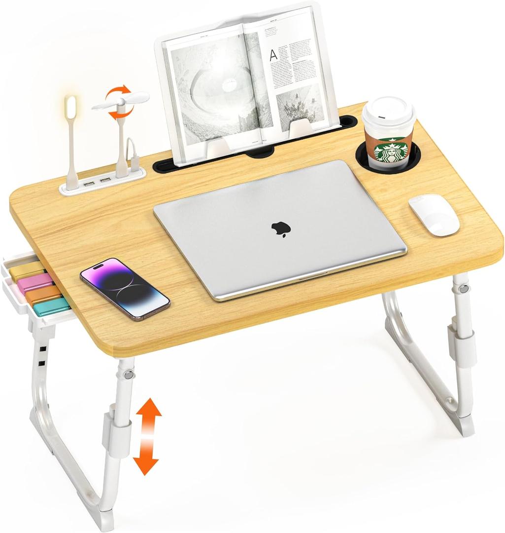 DECOSIS Laptop Bed Desk Height Adjustable, Bed Laptop Table with USB/Storage Drawer/Cup Holder/Tablet Stand/Book Shelf, Foldable Breakfast Tray Portable for Reading Writing, Bed, Sofa & Floor, Wood DECOSIS Laptop Bed Desk Height Adjustable, Bed Laptop Table with USB/Storage Drawer/Cup Holder/Tablet Stand/Book Shelf, Foldable Breakfast Tray Portable for Reading Writing, Bed, Sofa & Floor, Wood