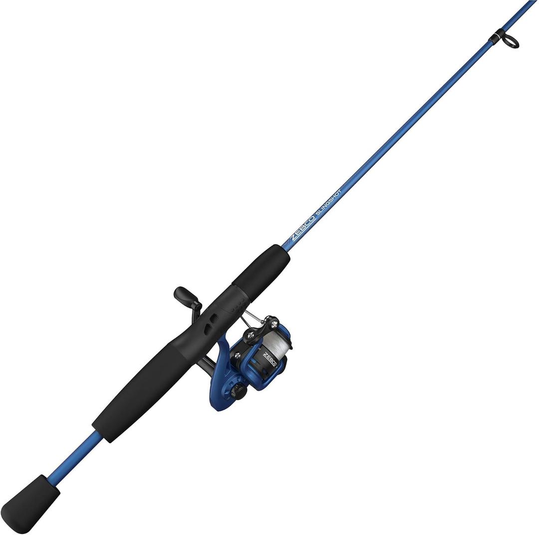 Zebco Slingshot Spinning Reel and Fishing Rod Combo, 5-Foot 6-Inch 2-Piece Fishing Pole, Size 20 Reel, Changeable Right- or Left-Hand Retrieve, Pre-Spooled with 8-Pound Zebco Cajun Line, Blue