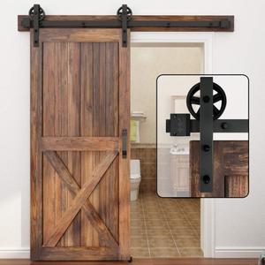 WINSOON 5-16FT Single Wood Sliding Barn Door Hardware Basic Black Big Spoke Wheel Roller Kit Garage Closet Carbon Steel Flat Track System 9FT/274CM