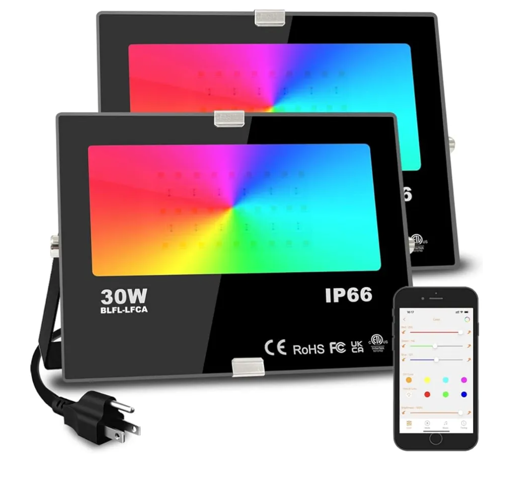 Led Flood Light Outdoor, 30W RGB Color Changing Landscape Lighting, IP66 Waterproof, US 3-Plug, MELPO (Pack of 4)