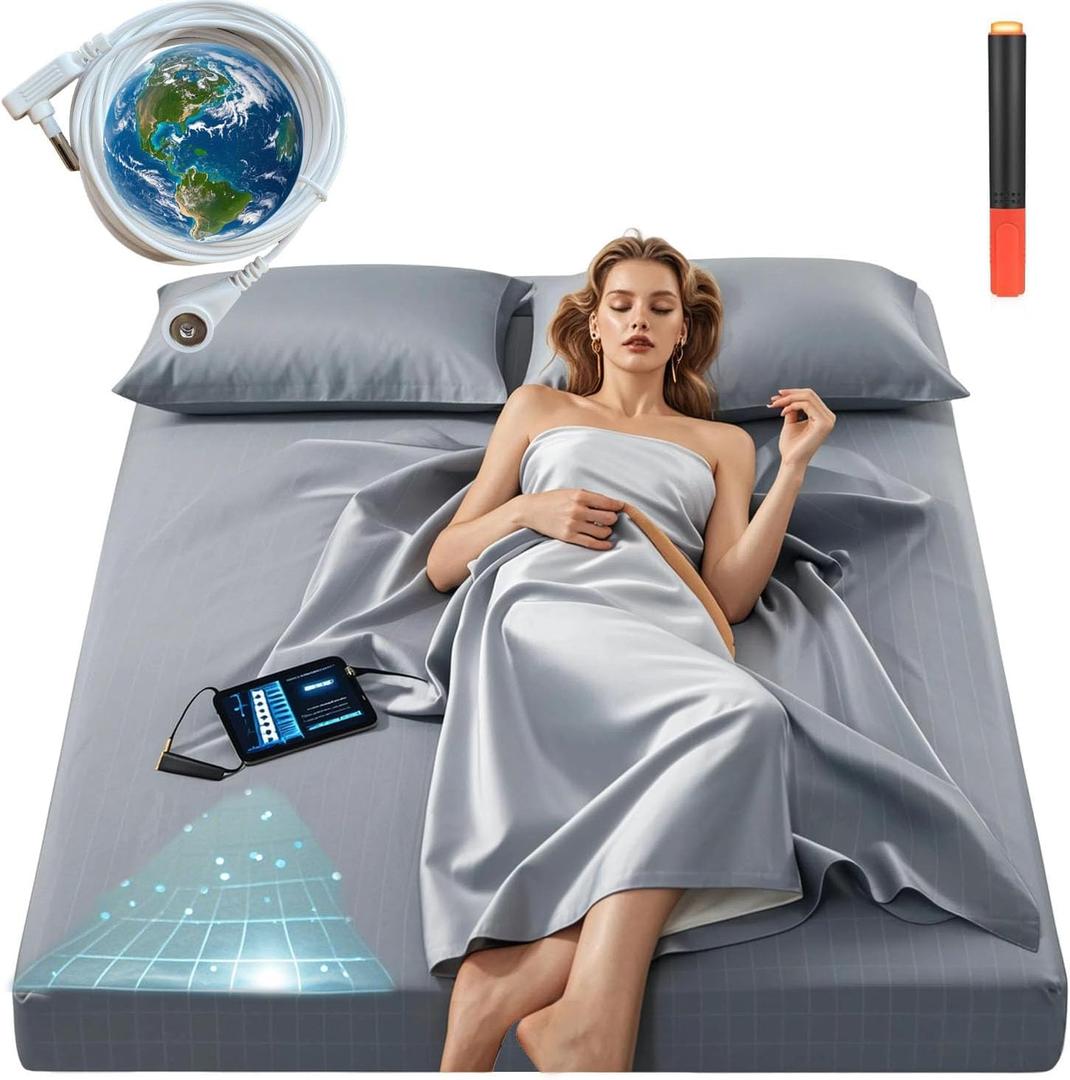 Grounding Sheets Queen Size, 20% Pure Silver Fiber + 80% Organic Cotton, Grounded Sheet Earth Connected Bedding Fitted Earth Sheets with Grounding Cord (Gray)