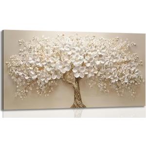Large Tree of Life Canvas Wall Art Gold and White Big Tree Painting Picture Wall Decor Botanical Floral Poster Print Artwork for Office Living Room Dining Bedroom Home Decoration (48"L x 24"W)